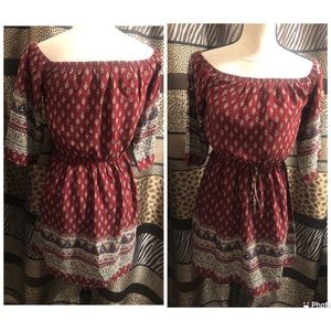 Burgundy off the shoulder boho print mini dress small